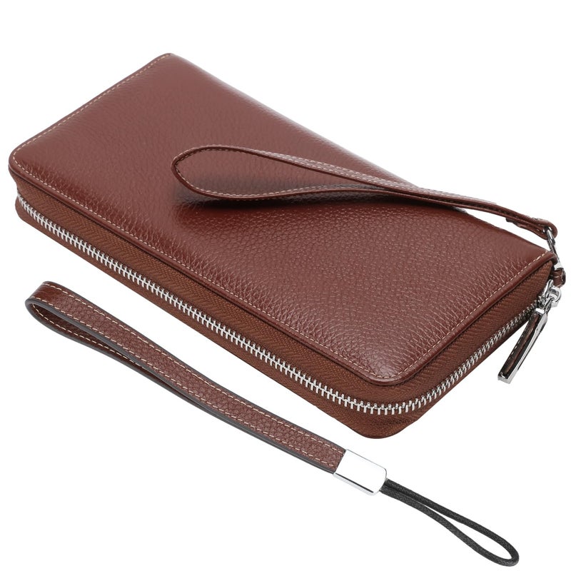Lavemi Women's RFID Blocking 100% Leather Large Capacity Zip Around Wallet Phone Holder Clutch Travel Purse Wristlet(Large Size Pebble Coffee) - Image 1